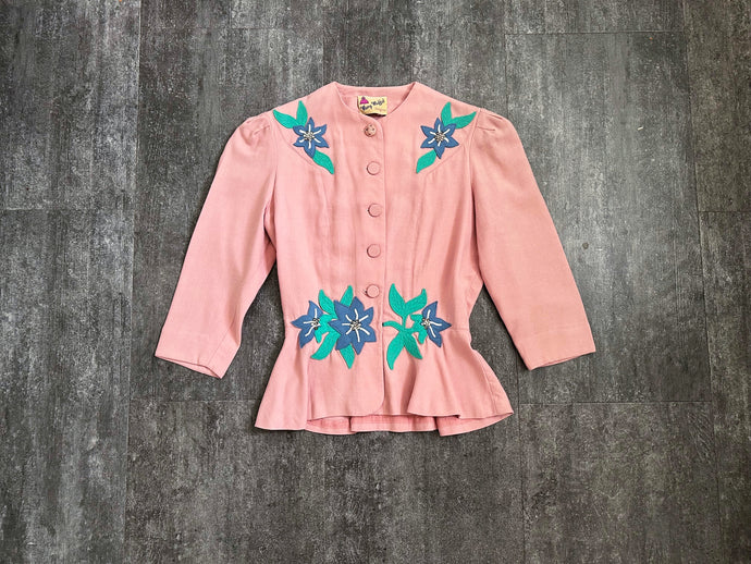 1940s appliqué top . vintage 40s pink jacket . size xs to s