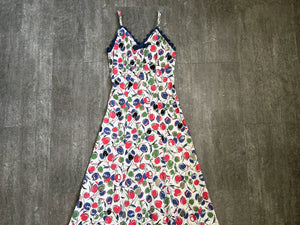 1930s cherry print dress . vintage sleeveless gown . size xs to small