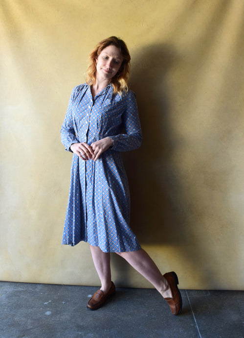 1930s blue cotton feedsack dress . vintage 30s dress . size s to m