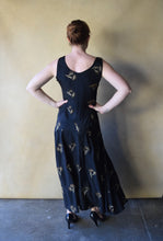 Load image into Gallery viewer, 1920s 1930s black dress . vintage lamé embroidery dress . size s to s/m