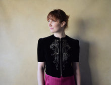 Load image into Gallery viewer, 1940s black velvet top . sequin and beaded vintage top . size s to m