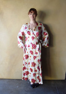 1940s dressing gown . vintage rose print satin dress . size m