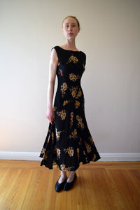1930s black floral print bias cut dress . size xs to small