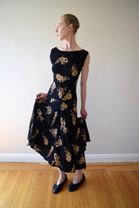 1930s black floral print bias cut dress . size xs to small