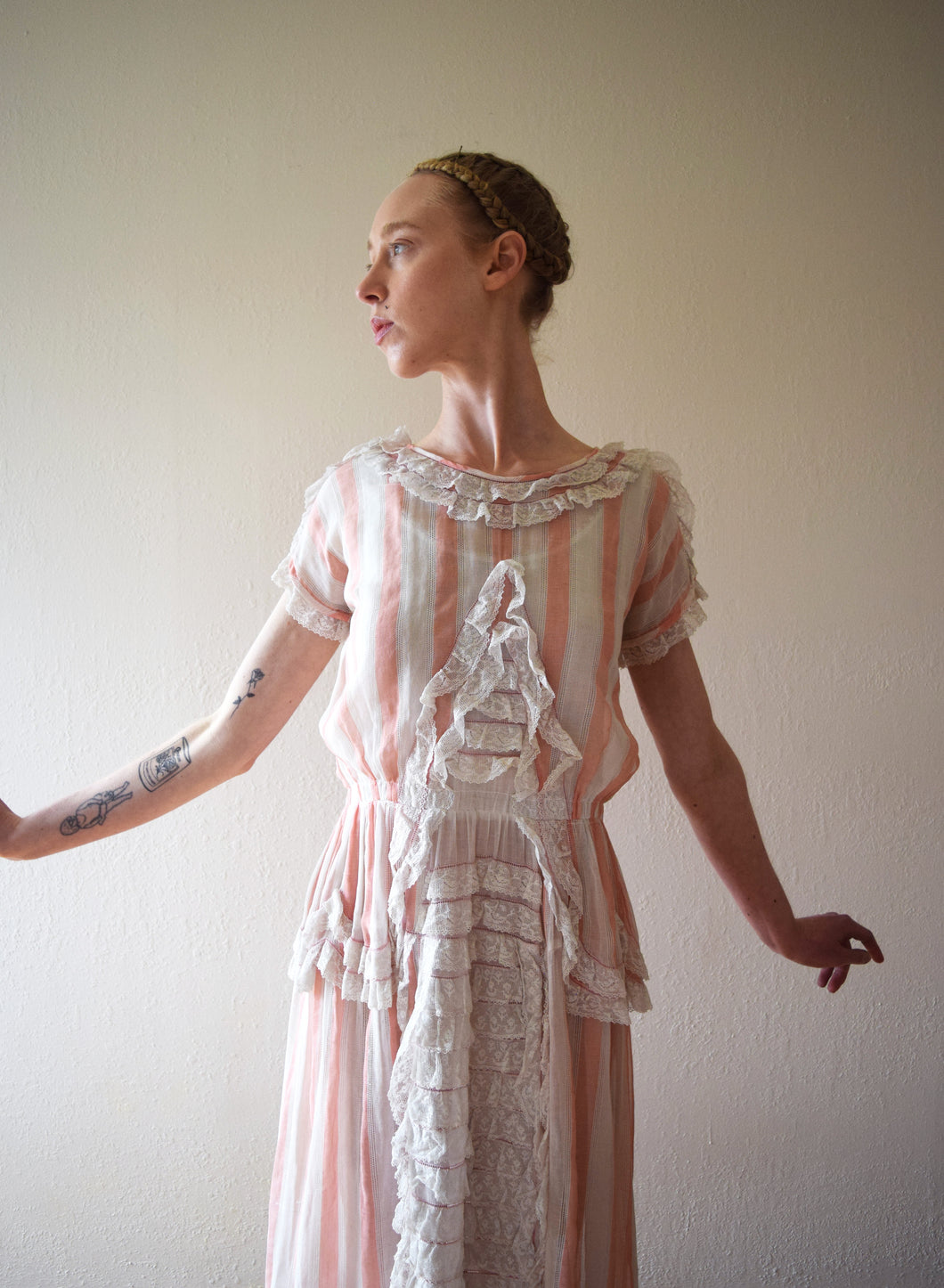 1910s 1920s antique pink striped dress vintage lace dress size xxs bluefennel