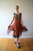 Load image into Gallery viewer, 1920s silk chiffon and lace dress . floral print dress . size xs to small