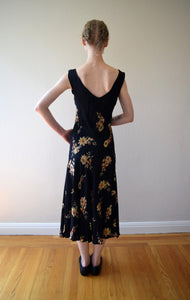 1930s black floral print bias cut dress . size xs to small