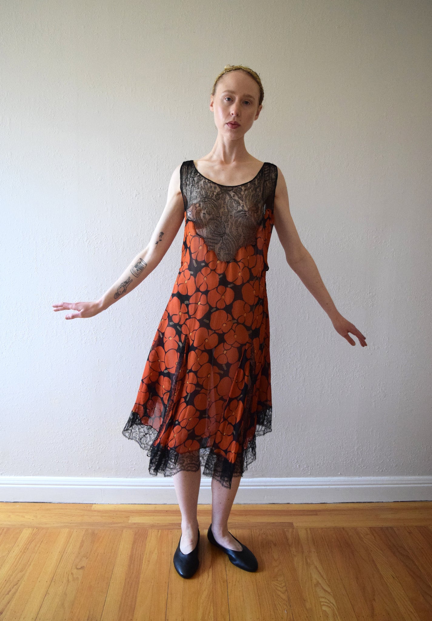 1920s silk chiffon dress Orange floral print silk chiffon 1920s dress with tiered skirt