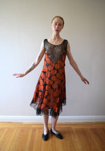 Load image into Gallery viewer, 1920s silk chiffon and lace dress . floral print dress . size xs to small