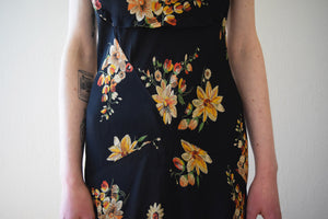 1930s black floral print bias cut dress . size xs to small