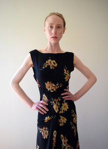 1930s black floral print bias cut dress . size xs to small