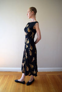 1930s black floral print bias cut dress . size xs to small