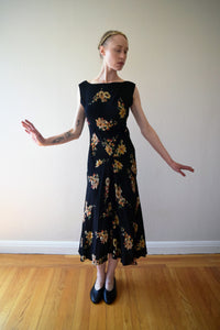 1930s black floral print bias cut dress . size xs to small
