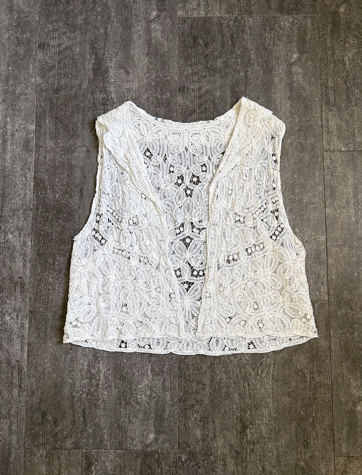Antique Battenberg lace vest . tape lace top . flexible size