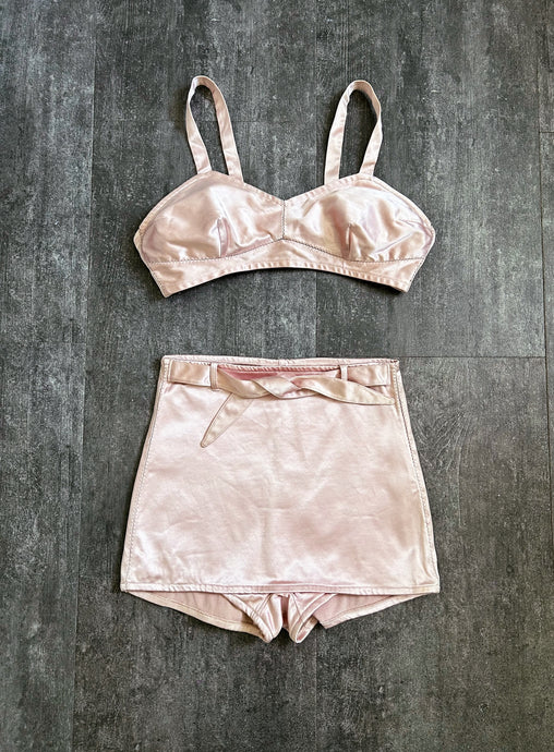 1940s pink satin swimsuit . vintage bikini . size xs to small