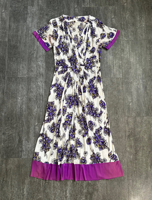 1940s rayon jersey dress . vintage floral print dress .