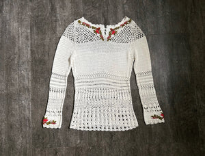 1930s rayon crochet top . vintage embroidered top . size xs to m