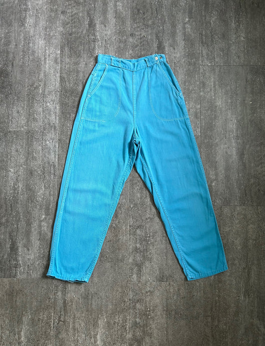 1950s turquoise side zips . vintage 50s denim pants . 23-25 waist