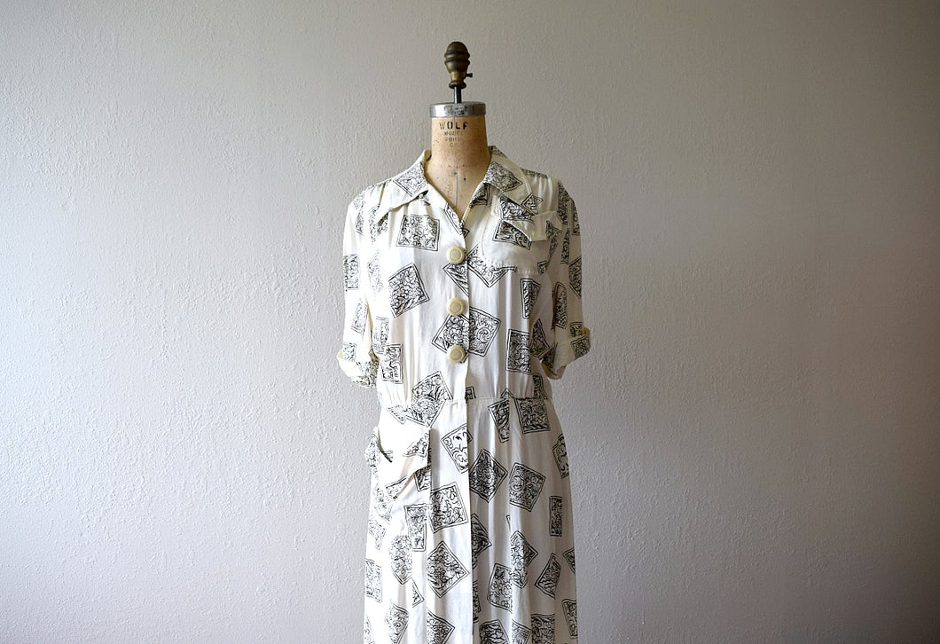 1940s rayon print dress . vintage 40s dress