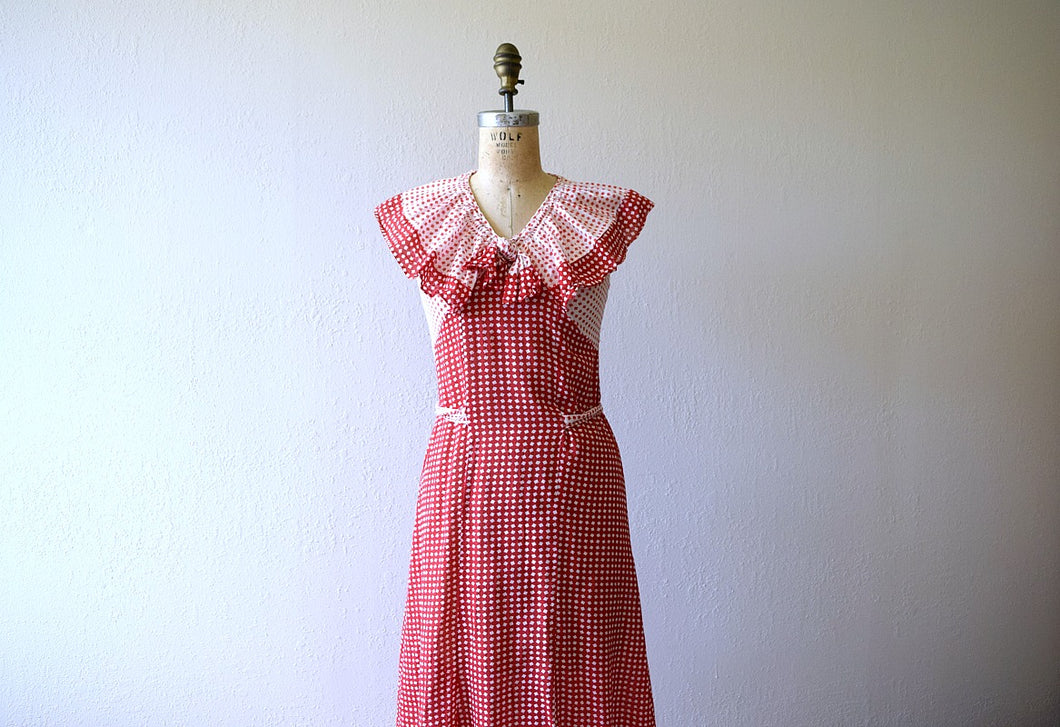1930s dress . vintage 30s red and white deco print dress