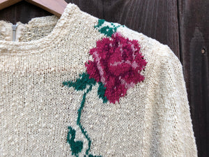 1940s rose knit dress . vintage 40s floral knit dress . size xs to small