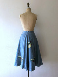 1950s linen skirt . vintage 50s embroidered lemons skirt