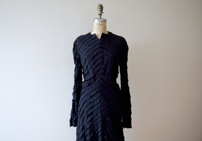 1940s black ruffled dress . vintage 40s dress