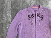 Load image into Gallery viewer, 1950s beaded cardigan . 50s purple sweater . size s