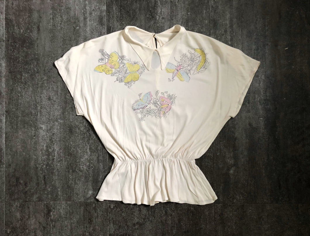 1940s butterfly blouse . vintage 40s jersey top . size xs to s