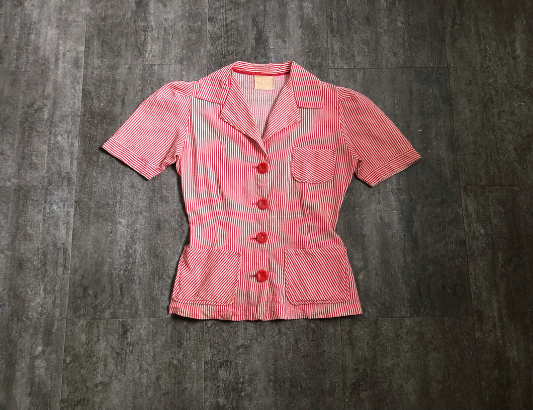 1940s striped seersucker top . vintage 40s blouse . size s to s/m