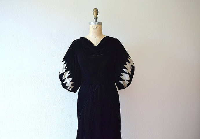 1930s velvet dress . vintage 30s lame sleeve dress