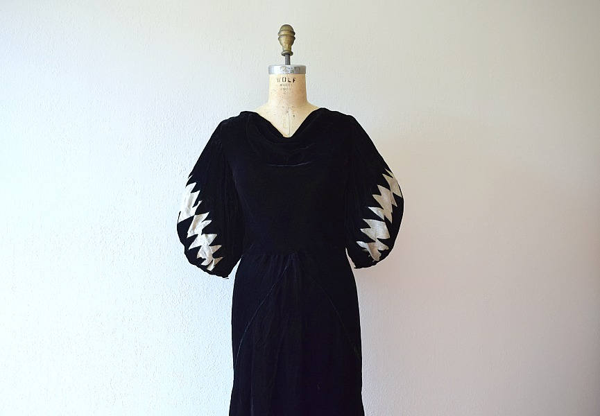 1930s velvet dress . vintage 30s lame sleeve dress