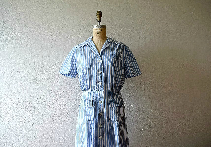 1940s sportswear dress . vintage 30s 40s blue striped dress