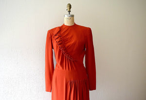 Red 1940s dress . vintage 40s ruffled rayon dress