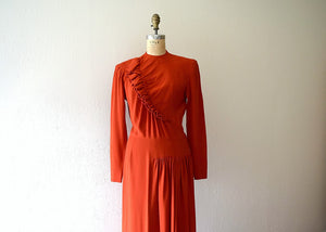 Red 1940s dress . vintage 40s ruffled rayon dress