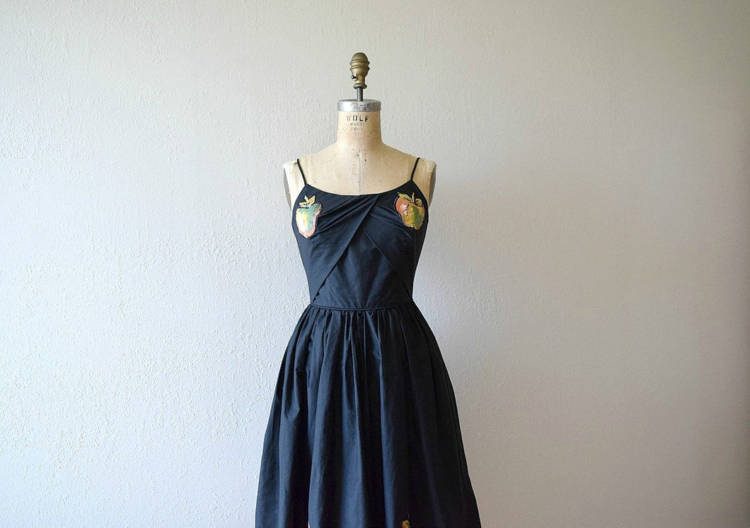 Vintage 1950s sundress . black apple appliqués dress