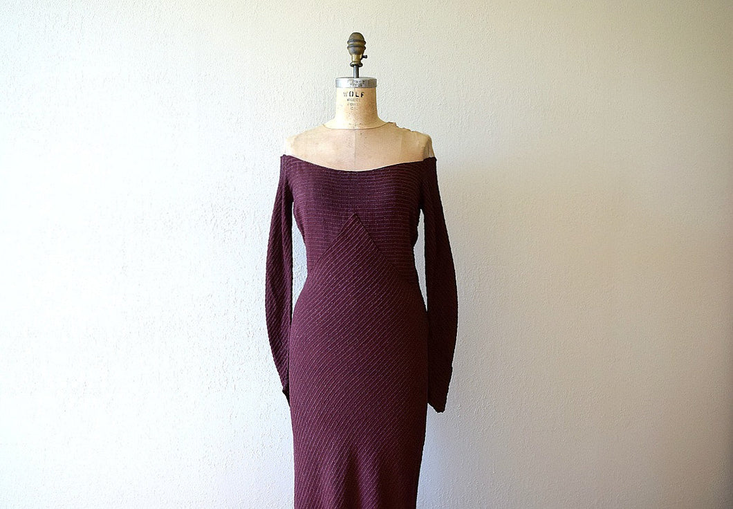 1930s knit gown . vintage 30s purple rayon knit dress