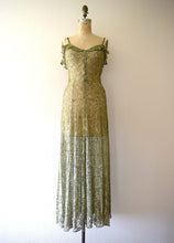 Load image into Gallery viewer, 1930s green lace and gold lame gown . vintage 30s dress