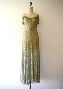 1930s green lace and gold lame gown . vintage 30s dress