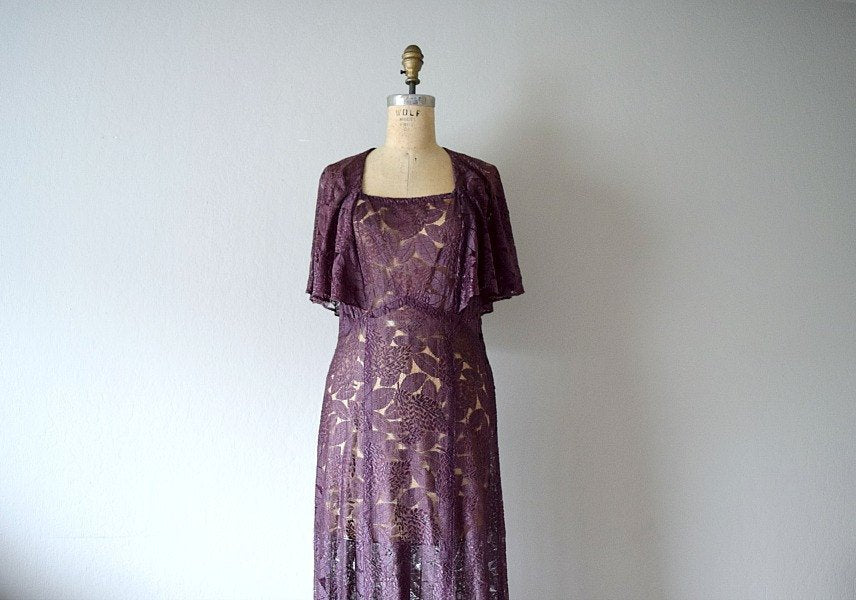 1930s lace dress . vintage 30s purple lace dress