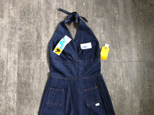 Load image into Gallery viewer, 1970s denim jumpsuit . vintage 70s halter jumpsuit . size s