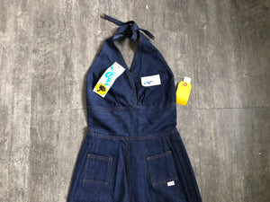 1970s denim jumpsuit . vintage 70s halter jumpsuit . size s