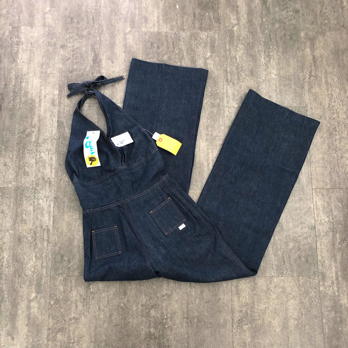 1970s denim jumpsuit . vintage 70s halter jumpsuit . size s