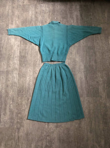 1950s teal knit set . vintage 50s knit dress set . size s to l