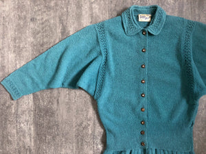 1950s teal knit set . vintage 50s knit dress set . size s to l