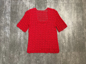 Vintage crochet top . red rayon top . size xxs to s