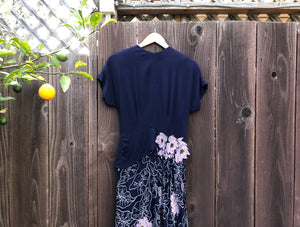 1940s navy blue floral dress . vintage appliqué dress . size medium