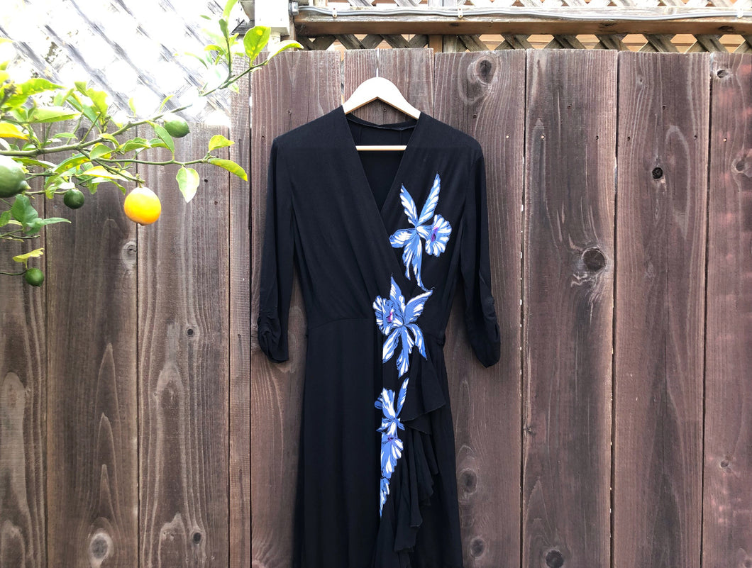 1940s floral appliqué dress . vintage 40s dress . size medium to large