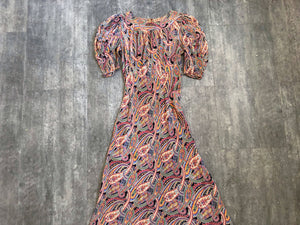 1930s paisley print dress . vintage 30s dress . size xs/small to s/m