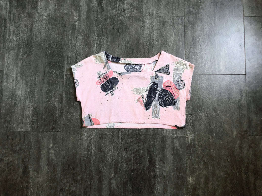1950s barkcloth top . vintage 50s crop top